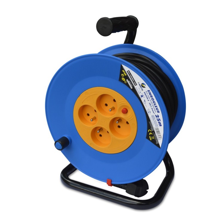 Enrouleur electrique 25m - 4 prises, Protection Enfant, Câble H05VV-F 3G1.5mmÂ²
